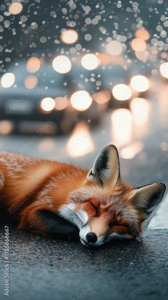 Fototapeta premium Fox resting on asphalt road with cars passing by on a warm summer day, highlighting the contrast of life and death