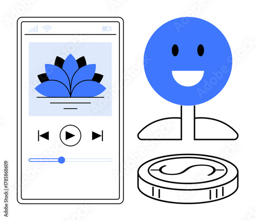 Smartphone music app playing relaxation audio, cheerful face symbolizing satisfaction, and a coin emphasizing financial wellness. Ideal for digital mindfulness, mental health, wellness, financial
