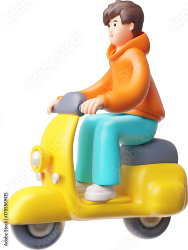 Boy teenager on the yellow moped 3D cartoon plastic style, vector render male character ride motorbike transport