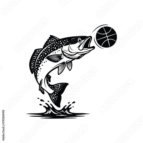 Leaping fish illustration with a basketball, dynamic sport and fishing vector art concept.