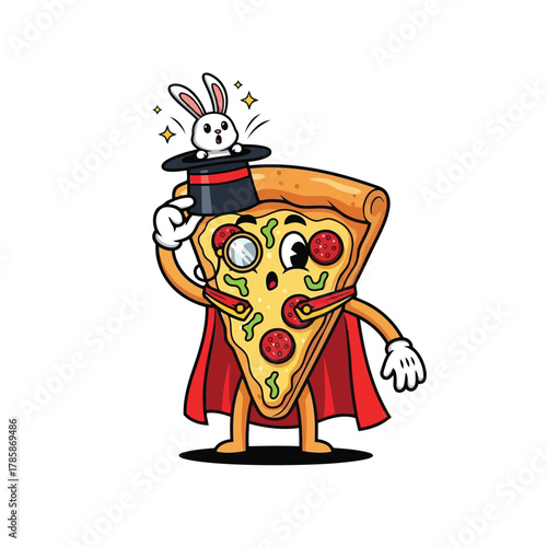 A whimsical cartoon pizza slice magician with a rabbit in a hat, , wearing a cape and monocle, performing a magic trick