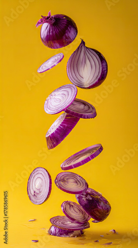 Floating red onion slices on yellow background