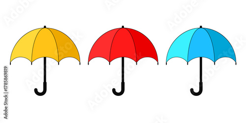 vector umbrella icon set, blue, red, yellow clipart isolated on transparent background. 