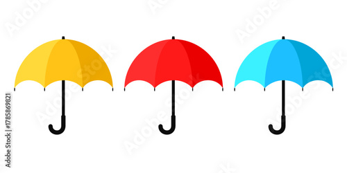 vector umbrella flat icon set, blue, red, yellow clipart isolated on transparent background. 
