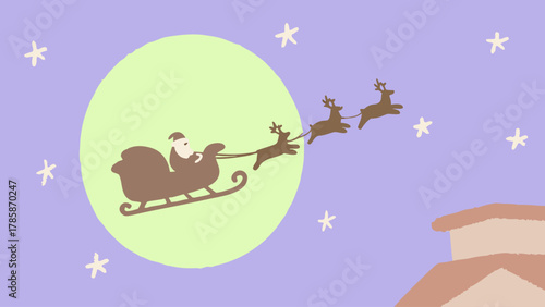 Santa claus sleigh ride at night
Illustration of Santa Claus flying in his sleigh pulled by reindeer across a starry night sky with a full moon and rooftops below.