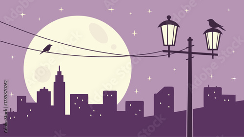 City night with full moon and birds
Vector illustration depicting a peaceful city night scene with a large full moon, silhouetted buildings, streetlights, and birds on wires under a starry sky.