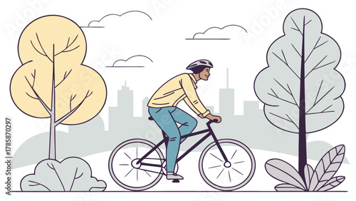 Cyclist riding bicycle in city park
A man riding a bicycle in an urban park setting, with trees, bushes, and a city skyline in the background. The illustration features a modern flat design with line 