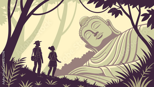 Reclining buddha statue in a lush jungle setting
An illustration depicting two travelers observing a large reclining Buddha statue nestled within a dense jungle environment.