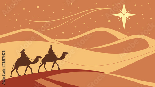 Magi journey across desert to star of bethlehem
Illustration depicting the Three Wise Men, also known as the Magi, riding camels across desert dunes under a starry night sky, guided by the Star of Bet