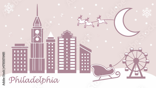 Philadelphia christmas cityscape
A stylized vector illustration depicting the Philadelphia cityscape with prominent buildings during the Christmas and winter holiday season, featuring Santa's sleigh, 