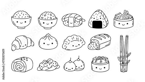 Whimsical line art showcasing various smiling food items, including sushi, rice, and pastries