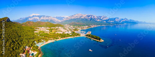Kemer city beach aerial panoramic view, Turkey