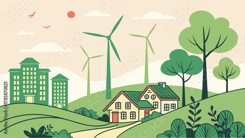 Green city sustainable energy landscape
An illustration depicting a green city scene with wind turbines, residential houses, and apartment buildings nestled in a lush, sustainable landscape, represent
