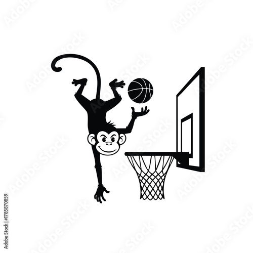 Playful monkey cartoon silhouette playing basketball, hanging upside down near hoop graphic