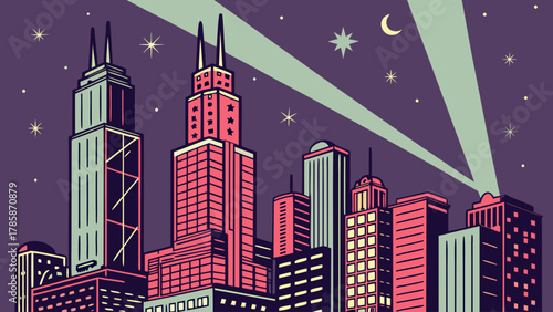 Cityscape night with skyscrapers and searchlights
A vibrant vector illustration of a modern cityscape at night, featuring tall skyscrapers and buildings against a dark sky with stars, a crescent moon,