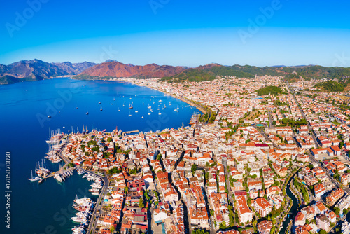Fototapeta Naklejka Na Ścianę i Meble -  Marmaris marina aerial panoramic view in Mugla Province in Turkey