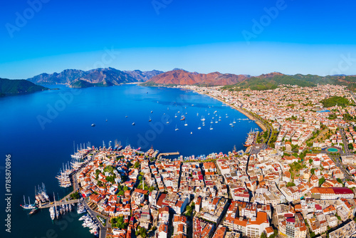 Fototapeta Naklejka Na Ścianę i Meble -  Marmaris marina aerial panoramic view in Mugla Province in Turkey