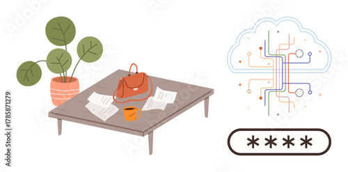 Coffee table with papers, bag, coffee cup, plant next to a cloud with circuit lines and password box. Ideal for tech security, remote work, data safety, computing, digital organization cyber