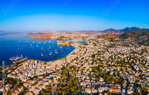 Fototapeta Naklejka Na Ścianę i Meble -  Bodrum beach and marina aerial panoramic view in Turkey