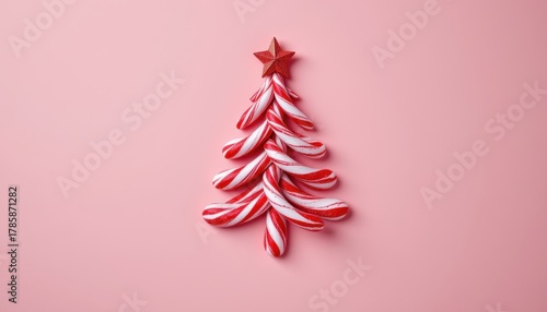 Christmas tree shape created with red and white striped candy canes topped with a red star