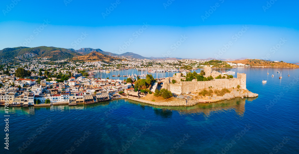 Fototapeta premium The Bodrum Castle and marina aerial panoramic view in Turkey