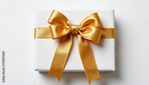 Top view of a square white gift box with a shiny gold satin ribbon bow and wrapping detail