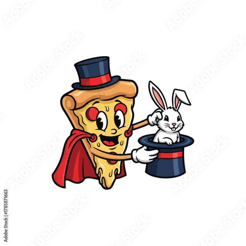 Cartoon pizza slice magician with rabbit in hat, a whimsical design for a pizzeria or magic show promotion