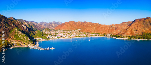 Fototapeta Naklejka Na Ścianę i Meble -  Icmeler town beach aerial panoramic view in Turkey