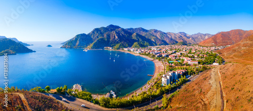 Fototapeta Naklejka Na Ścianę i Meble -  Icmeler town beach aerial panoramic view in Turkey