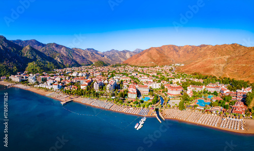Fototapeta Naklejka Na Ścianę i Meble -  Icmeler town beach aerial panoramic view in Turkey