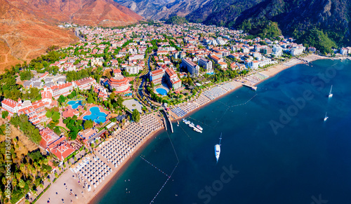 Fototapeta Naklejka Na Ścianę i Meble -  Icmeler town beach aerial panoramic view in Turkey
