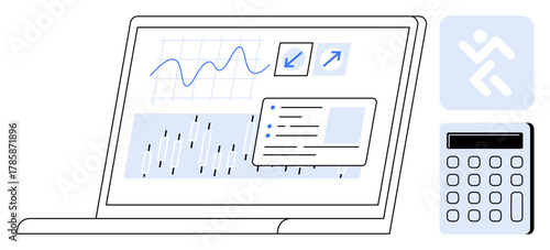 Open laptop displaying charts, graphs, and task icons alongside a calculator. Ideal for analytics, performance tracking, efficiency calculation, team management, financial review, project planning