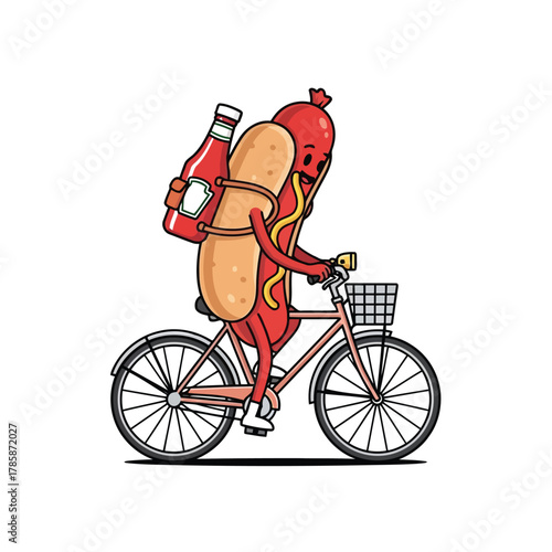 Illustration of a hot dog character riding a bicycle with a ketchup bottle on its back, the cartoon has arms, legs, and a face