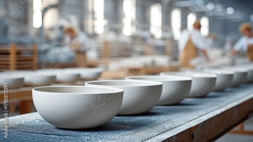 Ceramic bowl production line in bright factory, white pottery, industrial workspace, artisan craft, manufacturing process