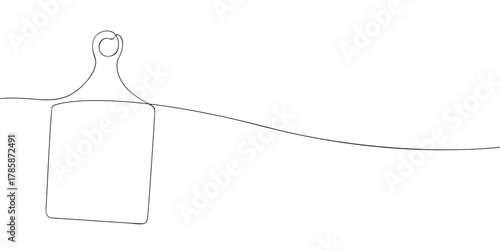 Continuous one line drawing of a cutting board with handle. Minimal vector outline of kitchen utensil for cooking illustration, design, and print