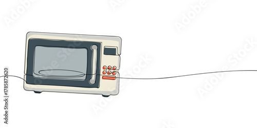 Continuous one line drawing of a microwave oven with buttons. Minimal vector outline illustration of kitchen appliance for cooking design, template, or print