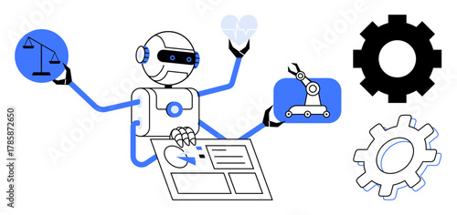 Robot performing tasks weighing scales, heart monitoring, industrial control, and UI navigation. Ideal for AI, robotics, innovation, automation healthcare legal tech technology ethics. Simple flat
