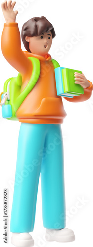 Teenager boy with books and a school backpack, calls someone by raising his hand, vector 3D friendly schoolboy pupil kid