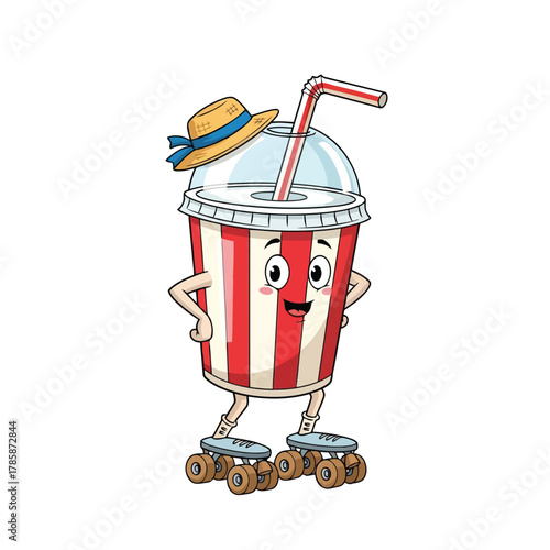 Cartoon soda cup character with hat roller skating mascot vector illustration of fast food with funny expression