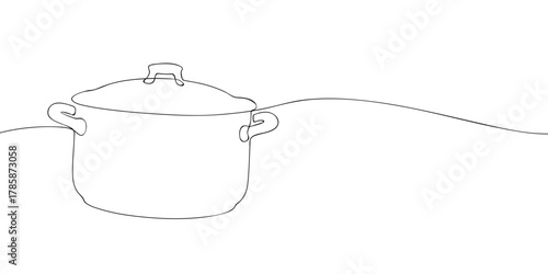 One line drawing of a cooking pot with lid isolated on white background. Minimal continuous line illustration of kitchen utensil for cooking, recipe, restaurant, and food design