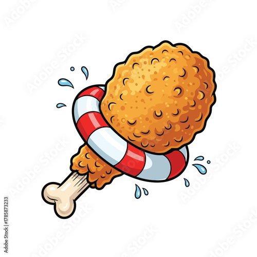 Cartoon fried chicken leg with a red and white striped life preserver funny food illustration for tshirt, sticker, or logo design