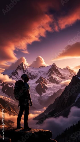 Silhouette of Backpacker Standing on Mountain Peak at Sunset