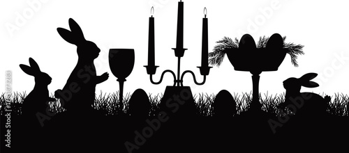 Whimsical Easter scene featuring silhouette rabbits eggs and a candelabra on grass a festive and charming bundle design