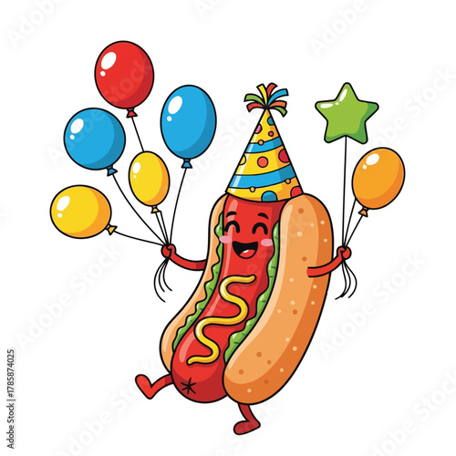 Cartoon hotdog wearing a party hat and holding balloons a fun and festive illustration for birthday or celebration themes