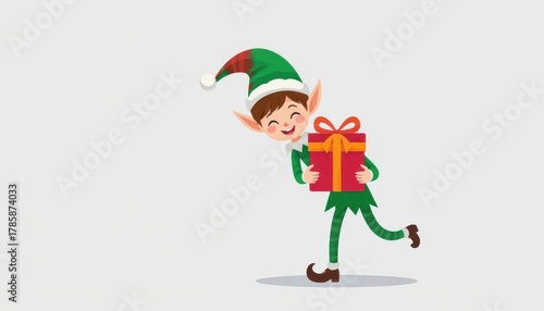Cheerful cartoon Christmas elf in green holding a bright red gift box with an orange ribbon