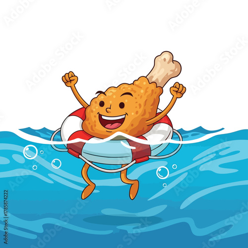 Cartoon fried chicken swimming with a life buoy a fun illustration for summer, vacation, or food themes