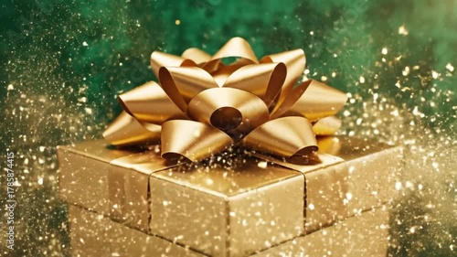A golden gift box with a large golden bow is surrounded by sparkling gold glitter.