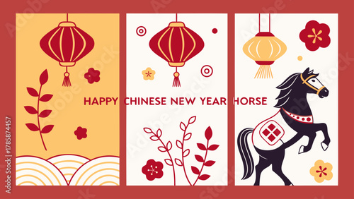 Three panels of chinese new year horse illustrations with lanterns and floral elements design style