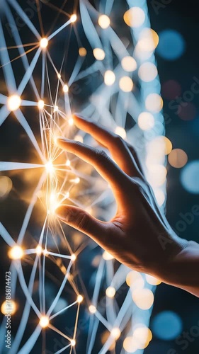 Human hand touching glowing network of interconnected lights and lines connection technology