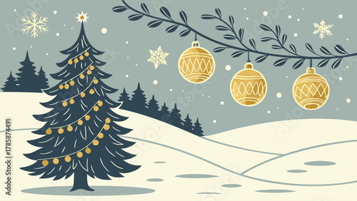 A christmas tree with ornaments and lights in a snowy landscape with hanging decorations above it